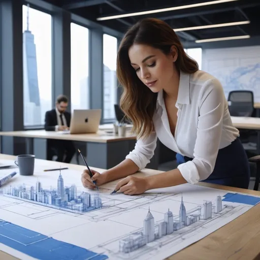 Prompt: painting of a woman drawing a blueprint as she is working as  an architect designing a skyscraper in an office , 
 UHD, 64K