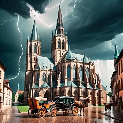 Prompt: a grand gothic cathedral with a steeple  and flying buttress and  horse-drawn carriage parked in front of it in a thunder storm in medieval city,  medieval times, romanesque, summer, a colorized photo