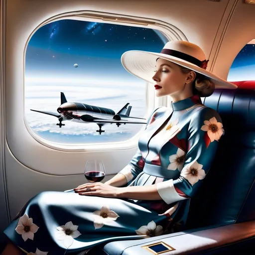 Prompt: a 21-year-old woman in a long flower print Empire Dress with a high neck line and white hat sitting on a spaceplane seat with a hat on her head drinking a glass of red wine,  and (( the Andromeda Galaxy))  in the background with a window, Annie Leibovitz, precisionism, promotional image, an art deco painting  drinking red wine,