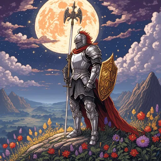 Prompt: <mymodel>A knight standing on a hilltop under a moonlit sky. The knight is clad in silver armor with an ornate sword held aloft, reflecting the moonlight. His shield with a golden lion emblem rests by his side. The helmet, adorned with red and gold feather plumes, is under his arm, revealing his noble face. The hill is covered in wildflowers like lavender, poppies, and daisies swaying in the breeze. Below, a serene medieval village with thatched rooftops and winding cobblestone streets lies quiet. In the background, a grand castle's silhouette rises against the starry sky, its towers and turrets bathed in an ethereal glow. A banner with the knight's crest flutters from the highest tower. Fireflies dance in the air, adding a touch of magic. The scene evokes peaceful vigilance and anticipation of new adventures