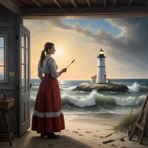 Prompt: Create a UHD, 64K professional oil painting set in the year 1870. Depict a 25-year-old woman working as a lighthouse keeper on a barrier island. She stands resolutely in the lighthouse by the light,