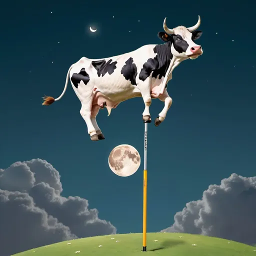 Prompt:  A cow on a pogo stick  jumping over the Moon