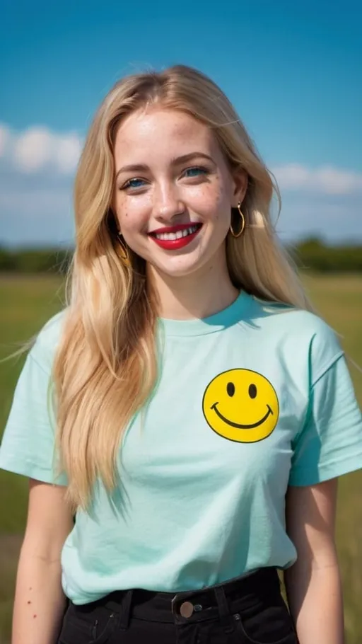Prompt: a full-length portrait photo,
27 year-old  woman,
cover with dark freckle,
blue eyes,
long blonde hair,
red lipstick,
a smile on her face, 
gold-earrings-with-a-black-smiley-face- ON-them,  
smiley-face-T-shirt, 
with a green background and a blue sky,

