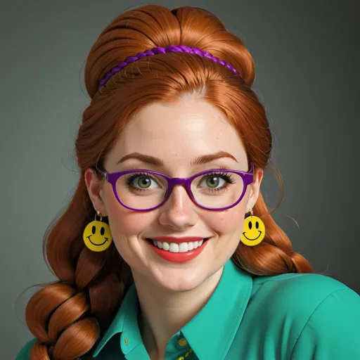 Prompt: 25-year-old woman with earrings 1970s smiley face yellow, green eyes. cover with dark freckle. long ginger hair ginger in a French braid. wearing lipstick red. broad rimmed eyeglasses purple .  yellow blouse, blue  slacks, photo, professional photo. Studio lighting, backlit, realistic lighting. hdr uhd 8k ultra-realistic render, 