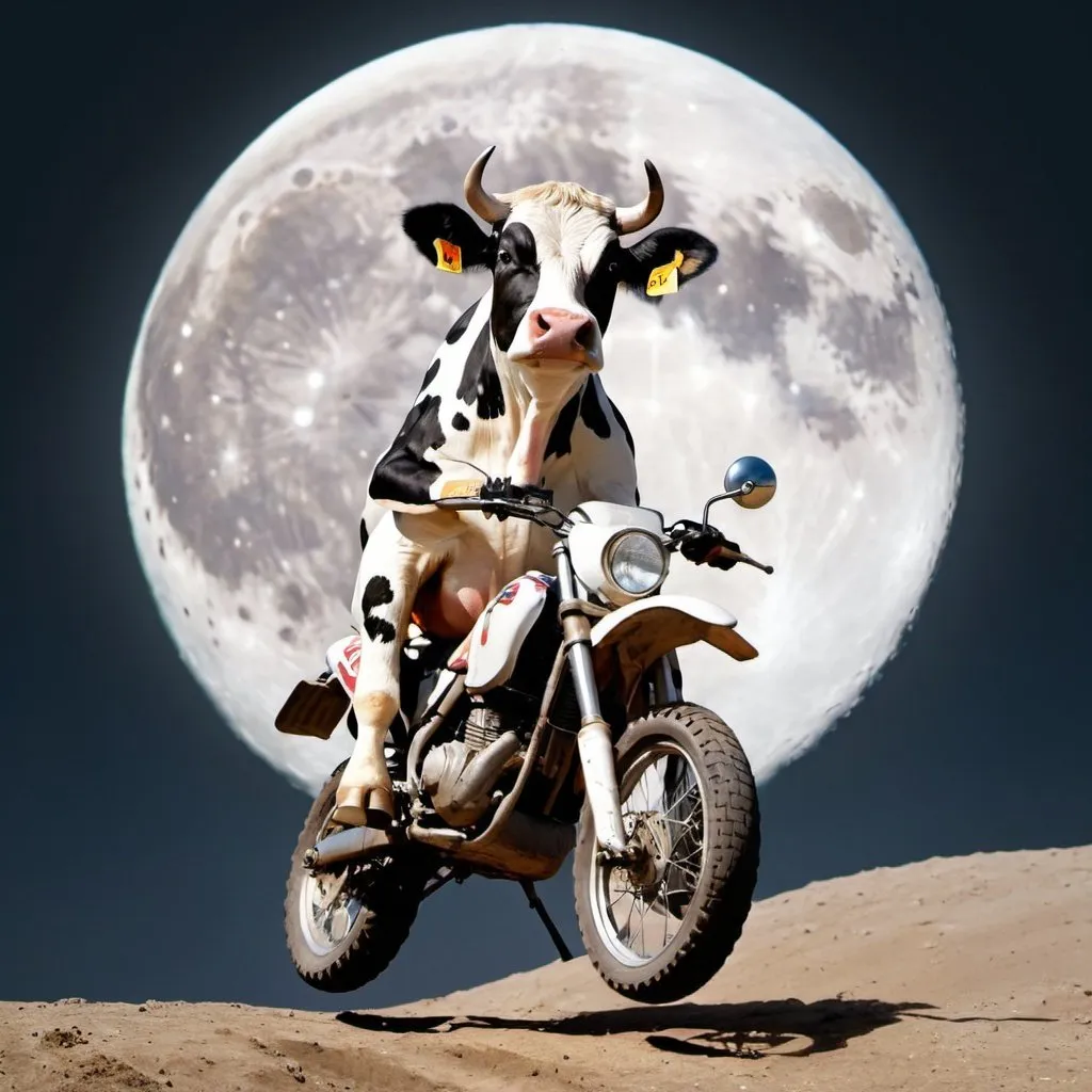 Prompt: A cow on a motorcycle jumping over the Moon