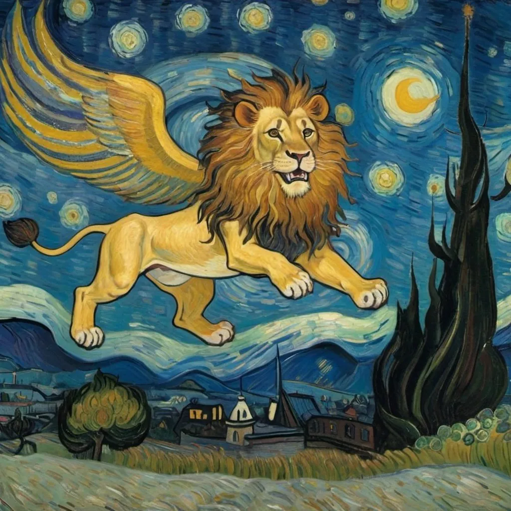 Prompt: a Lion flying on a "magic carpet" in "The Starry Night" by Vincent van Gogh