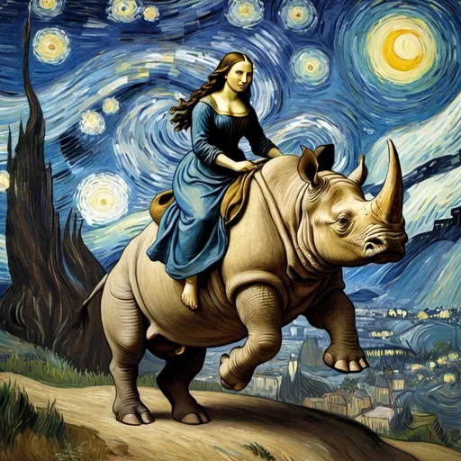 Prompt: Mona Lisa riding a  rhinoceros that is jumping over a canyon in "The Starry Night" by Vincent van Gogh