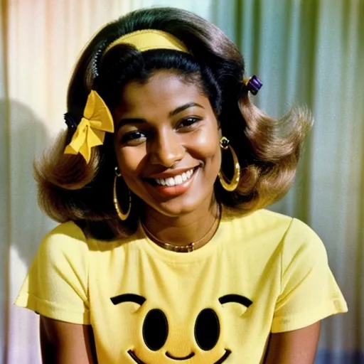 Prompt:  woman with earrings 1970s smiley 
face yellow,
and a smiley face on her shirt
  
and smiling at the camera, Ella Guru, verdadism, cheerful, a stock photo