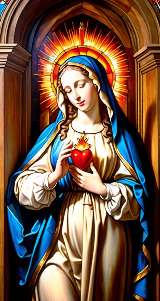 Prompt: a painting of  the doorway  of a 1st century Jewish home standing  alone by herself  the  Virgin Mary is  touching  her flaming immaculate heart,  Anne Said, gothic art, renaissance oil painting, a flemish Baroque

