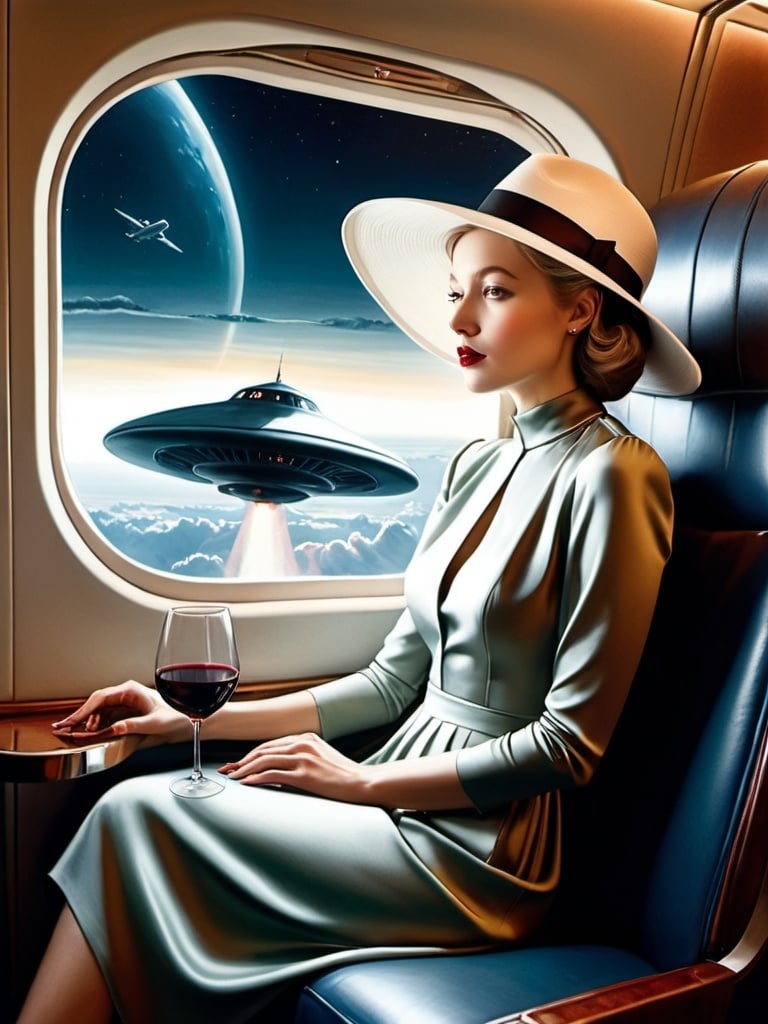 Prompt: a (( 21-year-old woman in a long flower print Empire Dress with a high neck line and white hat)) sitting on an airplane seat with a hat on her head, drinking red wine, and an attacking UFO in the night shy in in the background with a window, Annie Leibovitz, precisionism, promotional image, an art deco painting