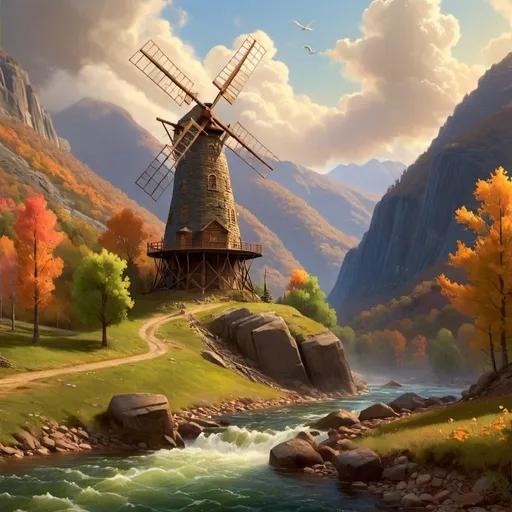 Prompt: Create a UHD, 64K, professional oil painting in the style of Albert Bierstadt, Hudson River School, american scene painting, Depict a playfully  balanced windmill on  the mountain that stood out  bold and clear against the sky its towering crags and deep ravines filled with mystery and beauty.