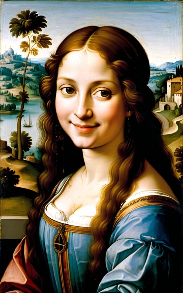 Prompt: a painting of a woman with long hair and a smile on her face, with a landscape in the background, Fra Bartolomeo, academic art, da vinci, a painting