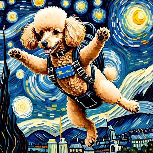 Prompt: a Poodle skydiving  in "The Starry Night" by Vincent van Gogh