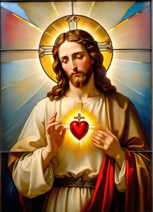 Prompt: Sacred Heart of Jesus, oil on canvas - 19th-century Portuguese school. a painting of Jesus with a halo, a flaming heart top with a cross on his chest in Nail  marks Wounds in his hands.  with a light shining through it and a cross on chest, Carl Heinrich Bloch, figurativism, renaissance oil painting, an oil on canvas painting