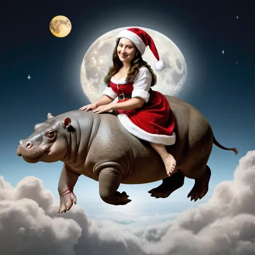 Prompt: Mona Lisa wearing a Santa Claus hat riding a Hippopotamus  that is jumping over the Moon. 