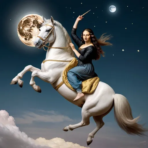 Prompt: Mona Lisa riding an unicorn that is jumping over the Moon.