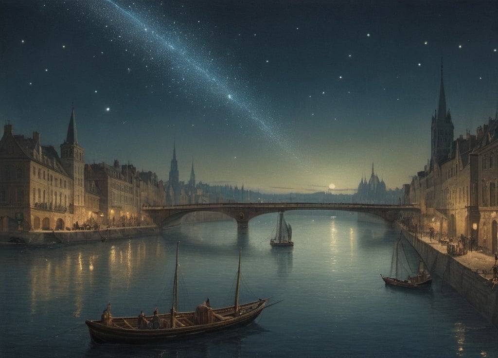 Prompt: a painting of a city with a bridge and a shooting star in the sky above it and a boat in the water, Edmund Weiss, space art, stars, a mid-nineteenth century engraving