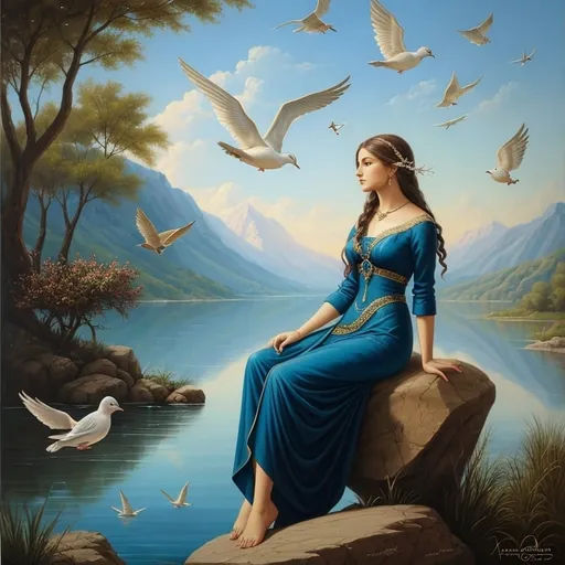 Prompt: a painting of a woman sitting on a rock by a lake with birds flying around her and a dove in the sky, Anne Stokes, figurative art, classical painting, a fine art painting