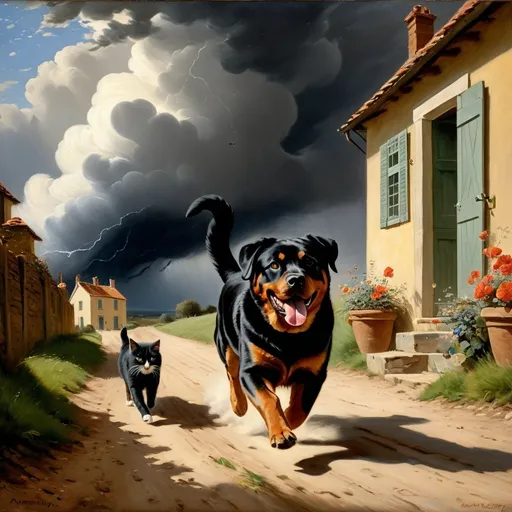 Prompt: a  painting of a scene from a cat seeing himself  in a dream,
chasing a very large rottweiler running away from the cat on a dirt road with a house in the background and a storm cloud in the sky,
Augustus Edwin Mulready, 
oil painting,
UHD,
64K