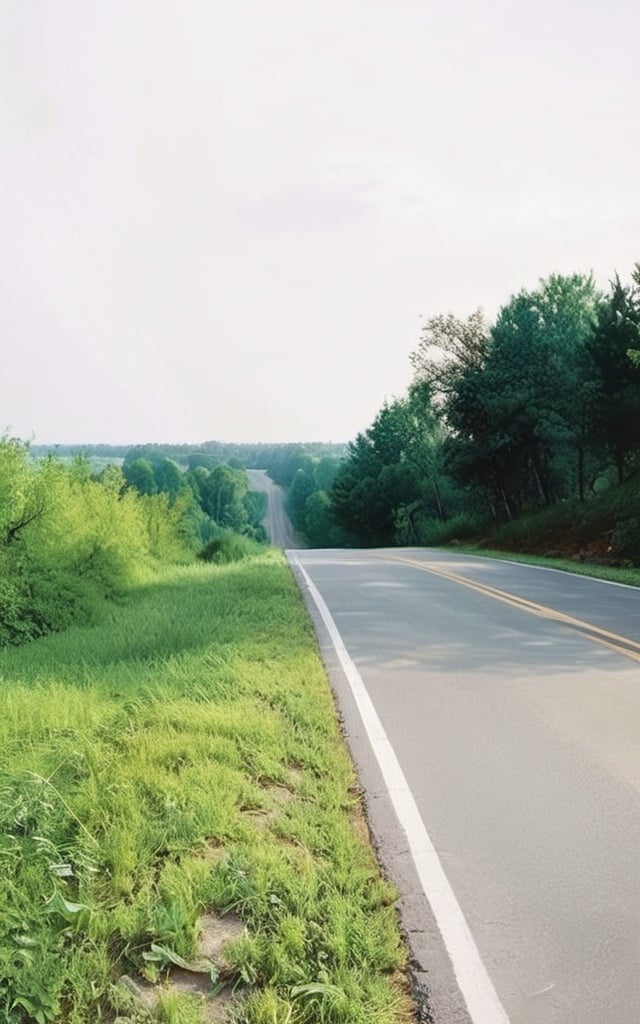 Prompt: Create a UHD, 64K, professional oil painting in the style of Albert Bierstadt, Hudson River School, american scene painting, road  going down a hill to a hollow before the next hill.