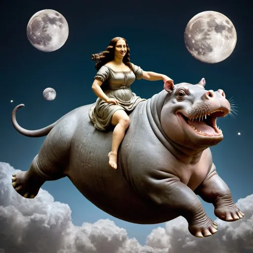 Prompt: Mona Lisa riding a Hippopotamus  that is jumping over the Moon. 