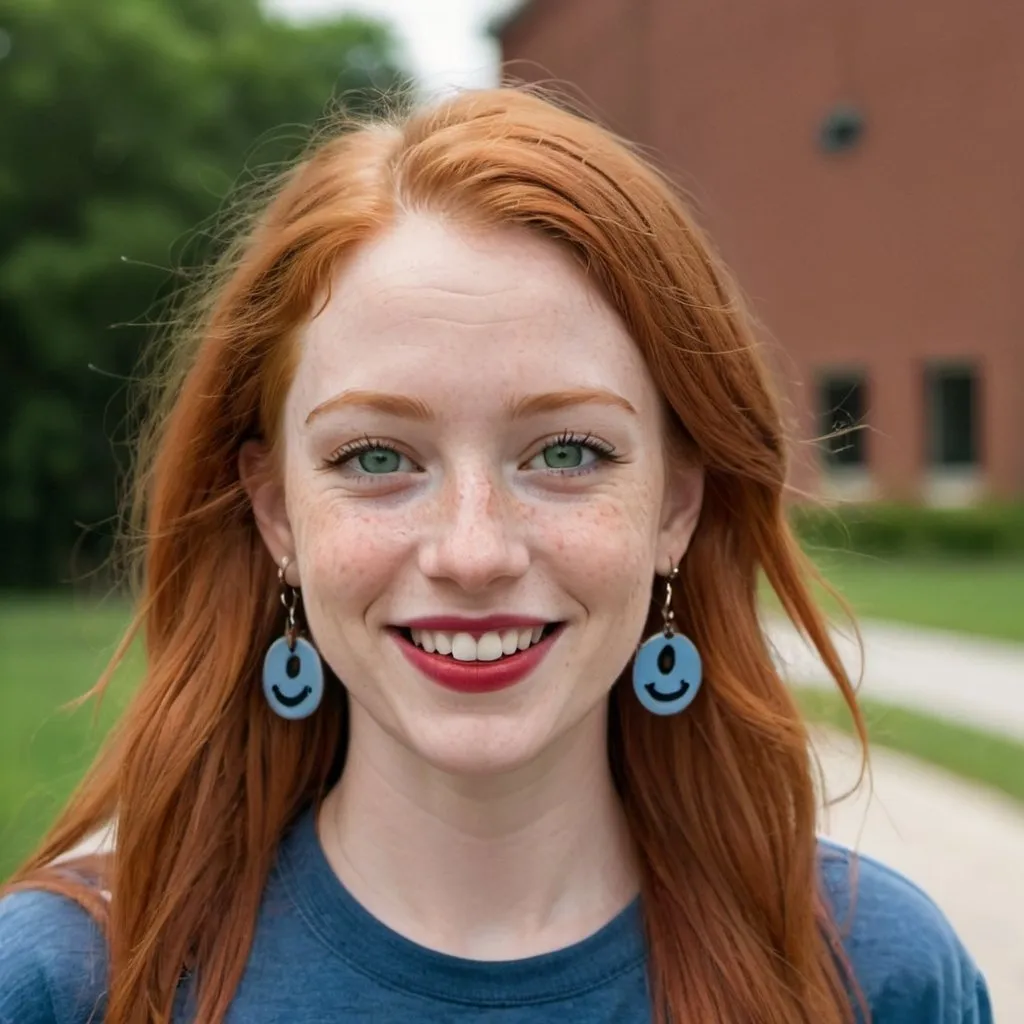 Prompt: portrait,  
27 year-old woman, 
walking,
cover with dark freckle, 
green eyes, 
long ginger hair, 
red lipstick, 
a smile on her face, 
(earrings with a smiley face on it's earring hooks),  
smiley-face t-shirt, 
long blue jean, 
photo 