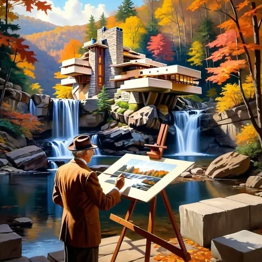 Prompt:  painting of frank lloyd wright drawing the blueprint for Fallingwater, Albert Bierstadt, precisionism, giantess art, a realistic painting. UHD, 64K