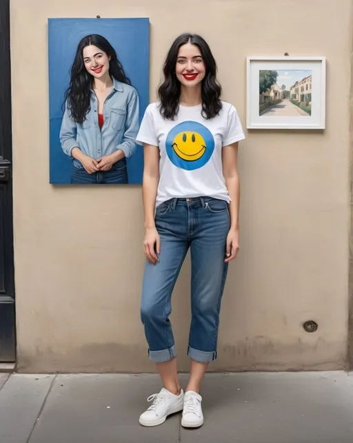Prompt: a full-length portrait painting,
 27 year-old woman, 
cover with dark freckle,
 blue eyes, 
long black hair, 
red lipstick, 
a smile on her face, 
standing on sidewalk chart art, 
smiley-face  t-shirt, 
long blue jean,
blue tennis shoes,
academic art, renaissance oil painting