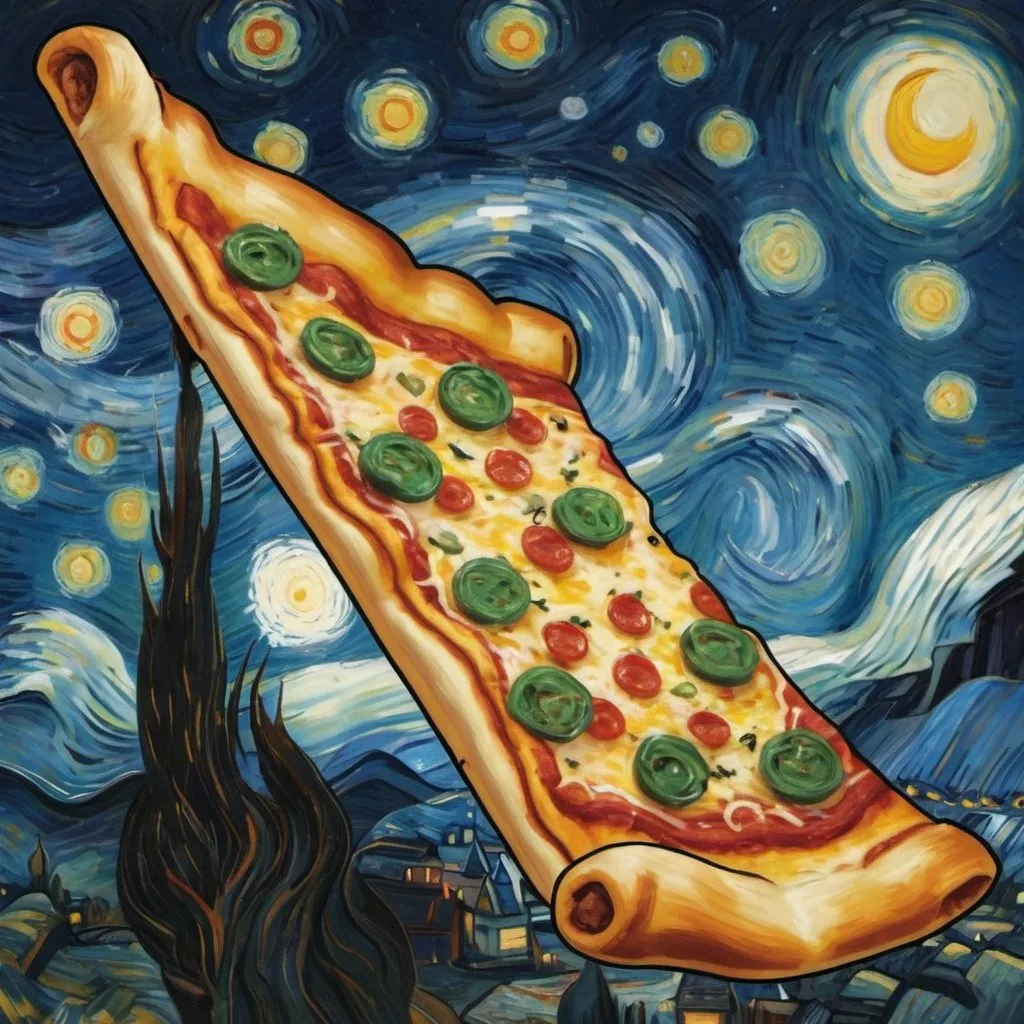 Prompt: A Pizza flying on a "magic carpet" in "The Starry Night" by Vincent van Gogh