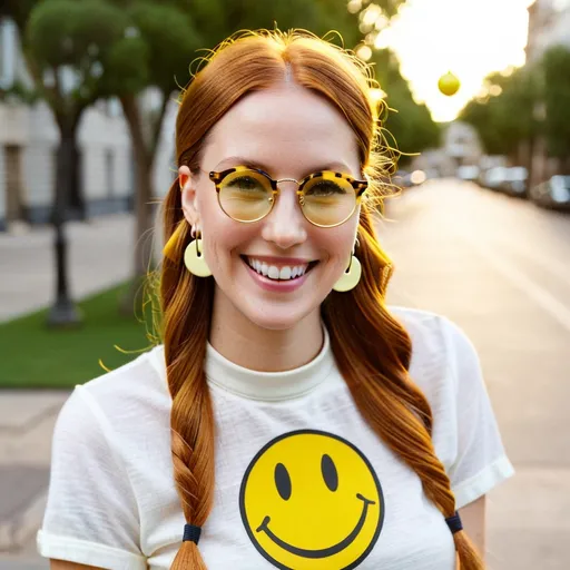 Prompt: the earrings  are yellow and  has the classic  1970s  yellow smiley face on them.

 