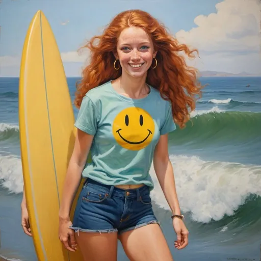 Prompt: a full-length portrait painting, Helen of Troy, 
standing riding a surfboard  going for the tube
cover with dark freckle,
green eyes, 
long ginger hair
a smile on her face, 
 gold-earrings-with-a-smiley-face- ON-them
smiley-face  t-shirt, 
long blue jean,
red and blue tennis shoes,
1970s oil painting,

