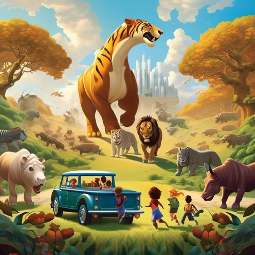 Prompt: "Create an illustration capturing the epic journey of six unlikely heroes on a quest to save a princess from the clutches of a tyrannosaurus. Let your imagination roam as you depict the lion, bull, tiger, rhinoceros, hippopotamus, and unicorn traversing treacherous landscapes, facing off against the fearsome beast, and ultimately uniting with the princess to overcome adversity. Show the bonds of friendship, the thrill of adventure, and the triumph of courage in your artwork. Feel free to add your own unique twists and details to bring this fantastical tale to life!"<mymodel>