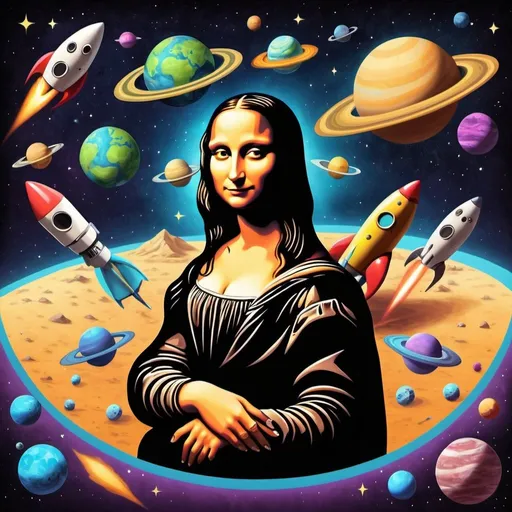 Prompt: Mona Lisa in cosmic adventure planets, rockets, friendly aliens, outer space and intergalactic 