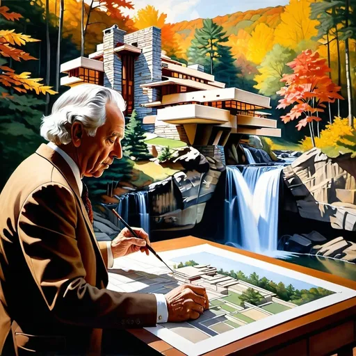 Prompt: color painting of frank lloyd wright drawing a blueprint for Fallingwater ,precisionism, giantess art, a hyperrealistic painting