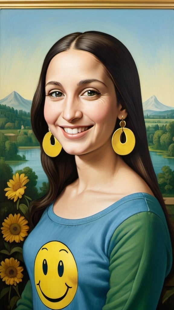 Prompt: a full-length portrait painting,
Mona Lisa,
a smile on her face, 
gold-earrings-with-a-smiley-face- ON-them,  
smiley-face-T-shirt, 
long blue jean,
with a green background and a blue sky,
1970s oil painting,

