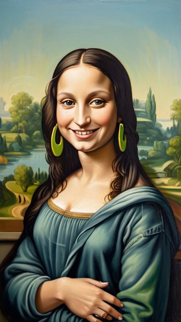 Prompt: a full-length portrait painting,
Mona Lisa,
standing
a smile on her face, 
gold-earrings-with-a-smiley-face- ON-them,  
smiley-face-T-shirt, 
long blue jean,
with a green background and a blue sky,
1970s oil painting,

