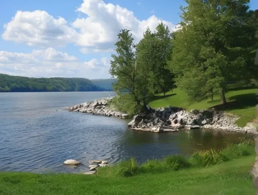 Prompt: a lake with a tree in the foreground and a grassy area in the background with a few rocks on the shore,  plein air, lake, a photo