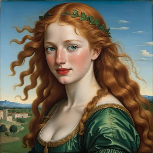 Prompt: a painting of  Helen of Troy cover with dark freckle green eyes  long ginger hair, red lipstick, on a smile on her face, riding a horse  with a green background and a blue sky, Fra Bartolomeo, academic art, renaissance oil painting, a painting