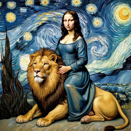 Prompt: Mona Lisa riding a Lion in  "The Starry Night" by Vincent van Gogh
