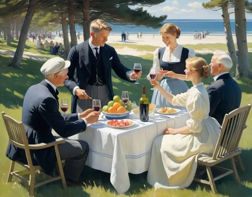 Prompt: a painting of a family having a picnic together with wine glasses in their hands and people holding their hands up, Peder Severin Krøyer, classical realism, classical painting, a painting

"Step into the vibrant world of the Skagen artists' colony as you reimagine Peder Severin Krøyer's iconic painting 'Hip, Hip, Hurrah! Artist Festival at Skagen' in your own unique style.

Capture the festive atmosphere of the gathering, where artists and intellectuals come together to celebrate creativity and camaraderie against the backdrop of the Danish seaside town. Explore the interplay of light and shadow as the sun sets over the horizon, casting a warm glow over the scene and illuminating the faces of the gathered crowd.

Experiment with color and composition to convey the sense of joy and excitement that permeates the air, from the lively conversations and laughter to the spontaneous bursts of applause and cheers. Delve into the personalities and relationships of the artists depicted, each one a testament to the spirit of collaboration and artistic expression.

Infuse your artwork with a sense of nostalgia and nostalgia, inviting viewers to immerse themselves in the timeless charm of the Skagen artists' colony. Whether you choose to stay true to Krøyer's original vision or offer a fresh interpretation of this historic moment, let your creativity shine as you pay homage to the enduring legacy of creativity and community."

