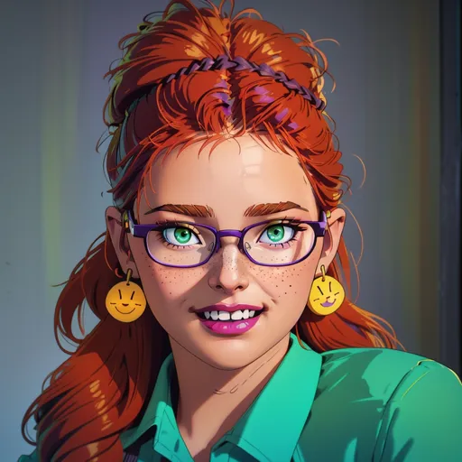 Prompt: 25-year-old woman with earrings 1970s smiley face yellow, green eyes. cover with dark freckle. long ginger hair ginger in a French braid. wearing lipstick red. broad rimmed eyeglasses purple .  yellow blouse, blue  slacks, photo, professional photo. Studio lighting, backlit, realistic lighting. hdr uhd 8k ultra-realistic render, 