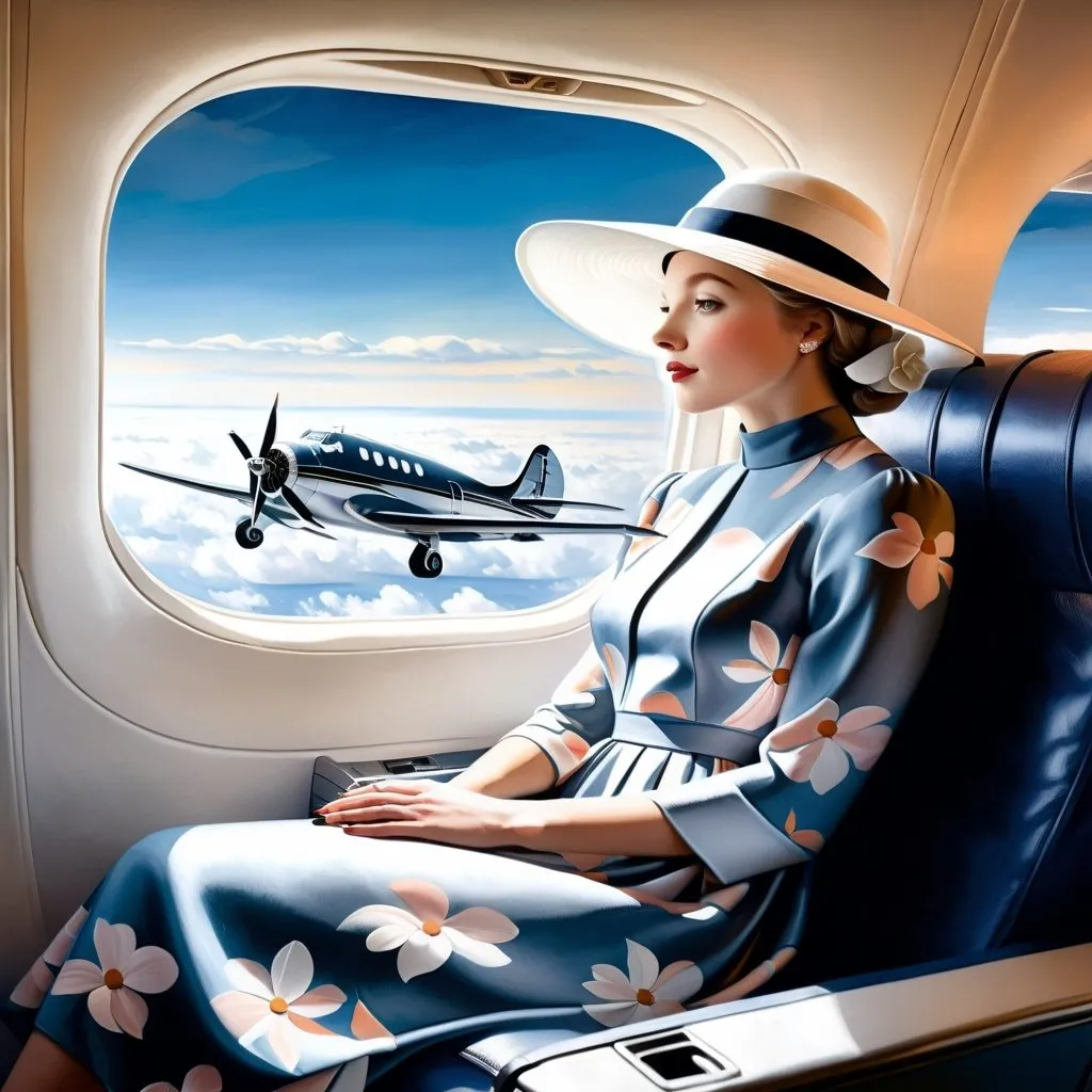 Prompt: a (( 21-year-old woman in a long flower print Empire Dress with a high neck line and white hat)) sitting on an airplane seat with a hat on her head and a plane in the background with a window, Annie Leibovitz, precisionism, promotional image, an art deco painting