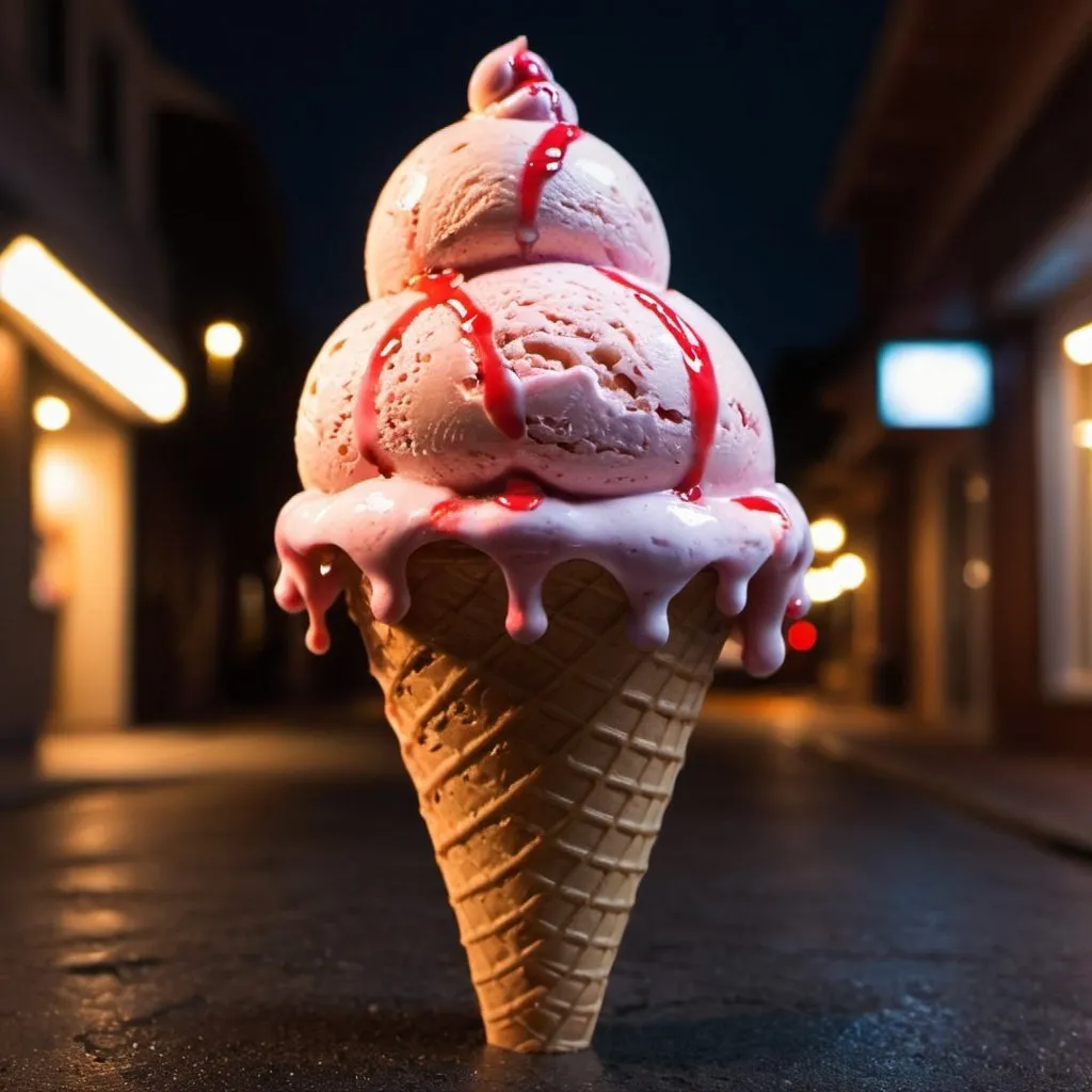 Prompt:  ice cream made of  lava in a cone at night 