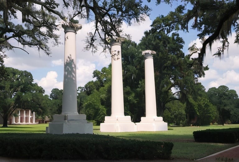 Prompt: Three columns from the old Bullard Mansion  and trees on Northwestern State University, campus in Natchitoches, Louisiana