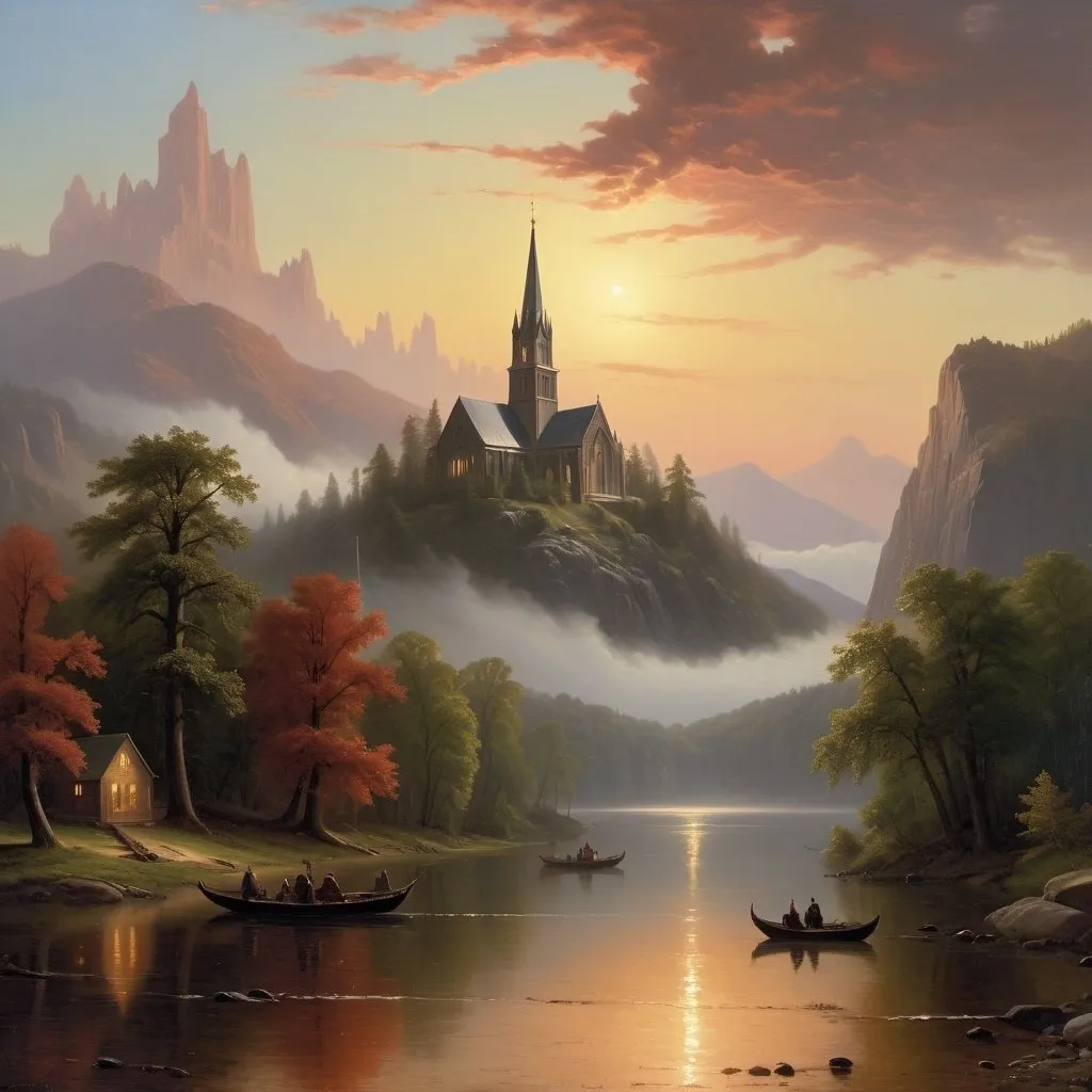 Prompt: Create a UHD, 64K, professional oil painting in the style of Albert Bierstadt, Hudson River School, american scene painting,  traditional religious iconography, The towering cathedral with its elaborate spires and detailed sculptures dominated the skyline a beacon of faith and artistry, The first faint streak of daybreak appeared on the horizon casting a pale light over the sleeping world.