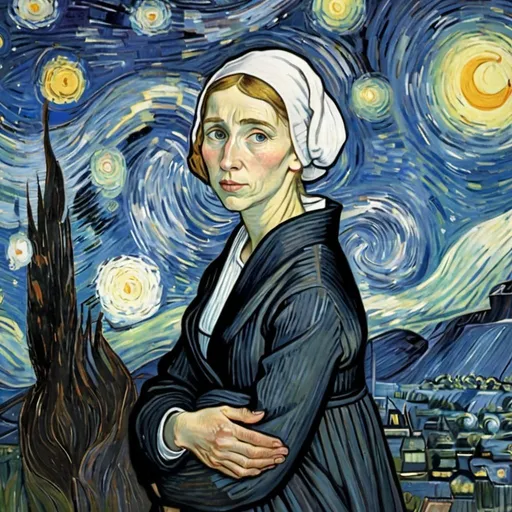 Prompt: whistler mother  "The Starry Night" by Vincent van Gogh