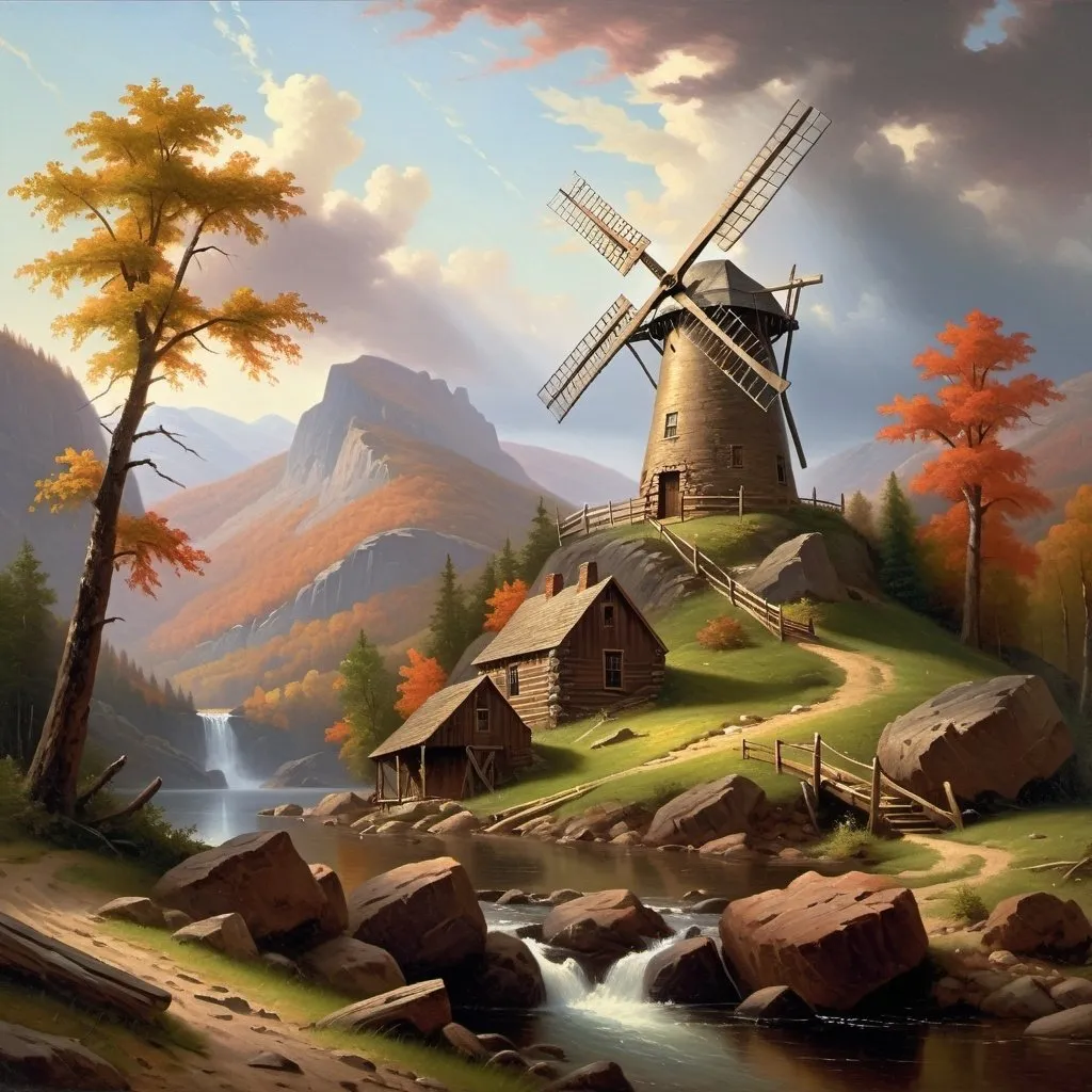 Prompt: Create a UHD, 64K, professional oil painting in the style of Albert Bierstadt, Hudson River School, american scene painting, Depict a playfully  balanced windmill on  the mountain that stood out  bold and clear against the sky its towering crags and deep ravines filled with mystery and beauty.