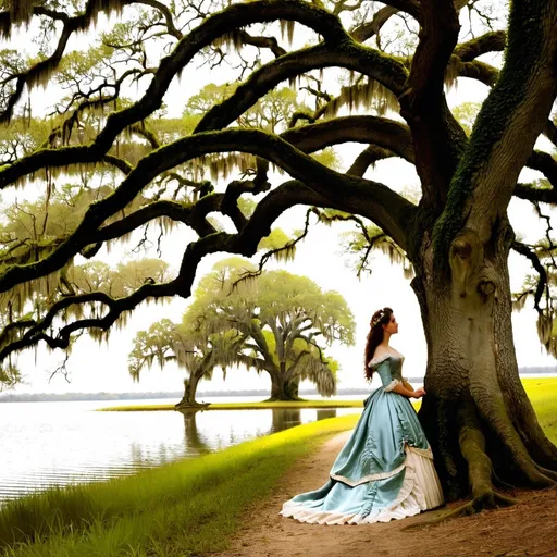 Prompt: French, Evangeline standing under an oak tree Spanish moss  by a Bayou waiting for her lost love Gabriel 18th century