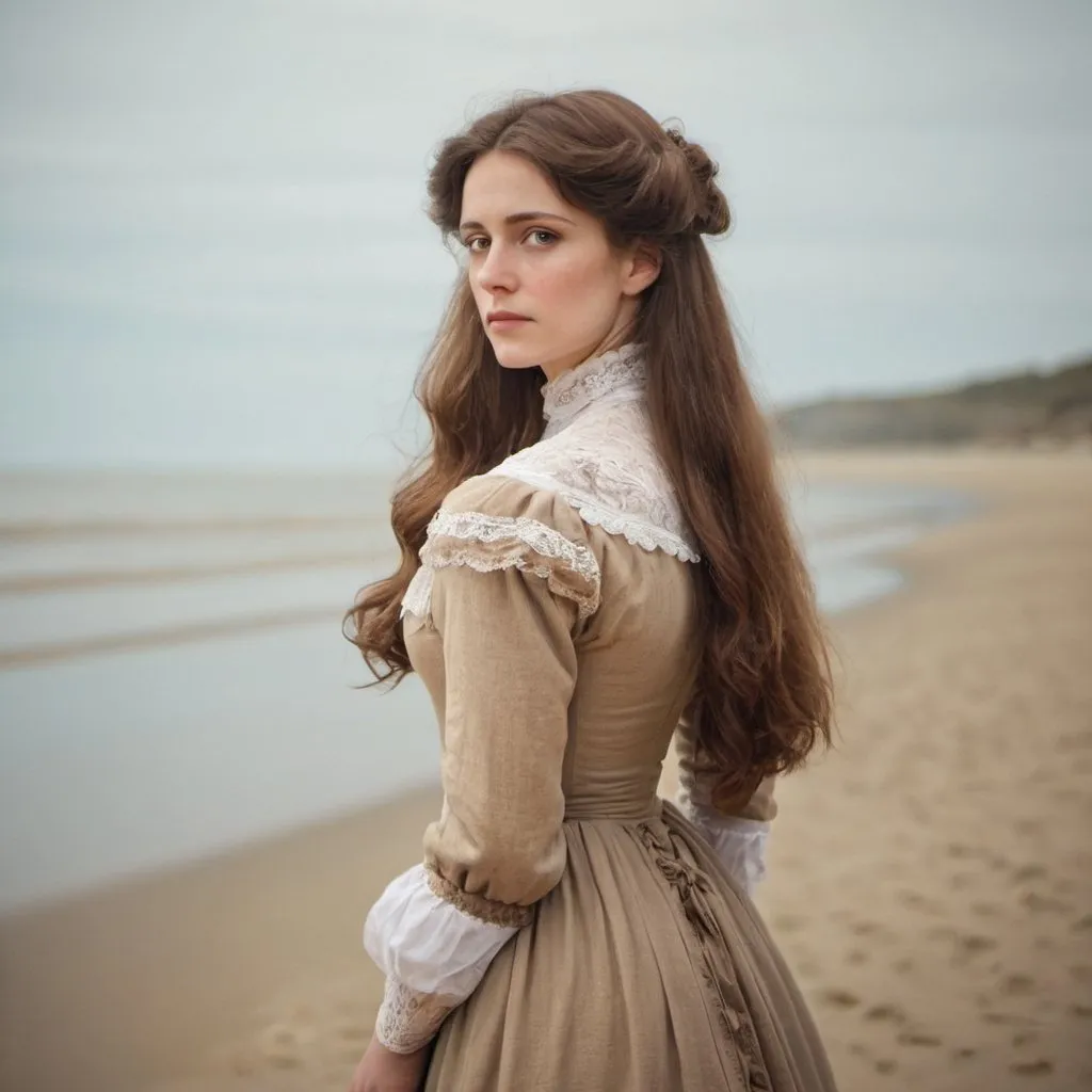 Prompt: Victorian era beautiful woman  with long brown hair,  is standing on the sand at the beach, looking out to sea