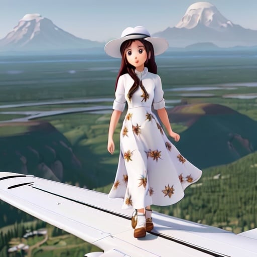 Prompt: a view of something crazy a (( 21-year-old woman in a long flower print Empire Dress with a high neck line and white hat)) is walking on top of the wing of the plane in flight, High Above Mt. Rainier


